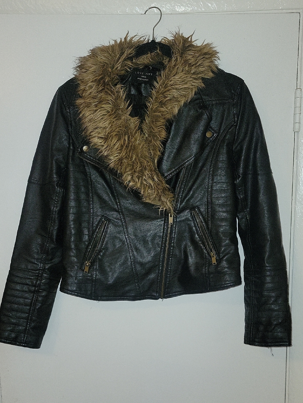 Love Tree Black Faux Leather Moto Jacket with Brown Faux Fur Trim